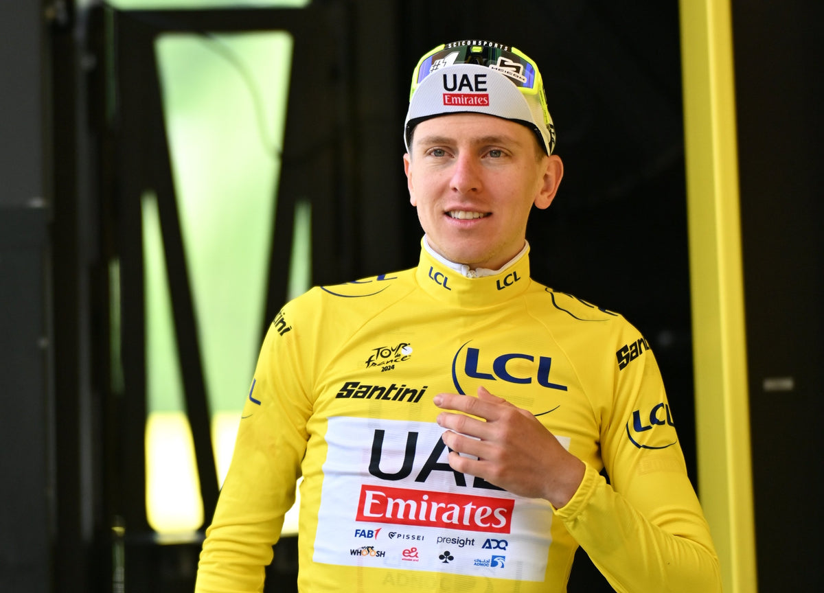 Tadej Pogacar wearing TDF Yellow Jersey by Santini