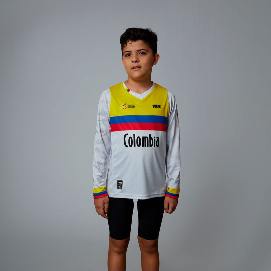 Unisex Junior Colombian Federation BMX Jersey in White by Suarez | Cento Cycling