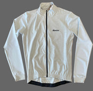 Grey cycling long sleeve jersey with black zipper on a wooden surface, featuring the Santini brand.