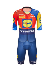 Official 2025 Lidl-Trek Mens Team Issue Short Sleeve Skinsuit Blue by Santini