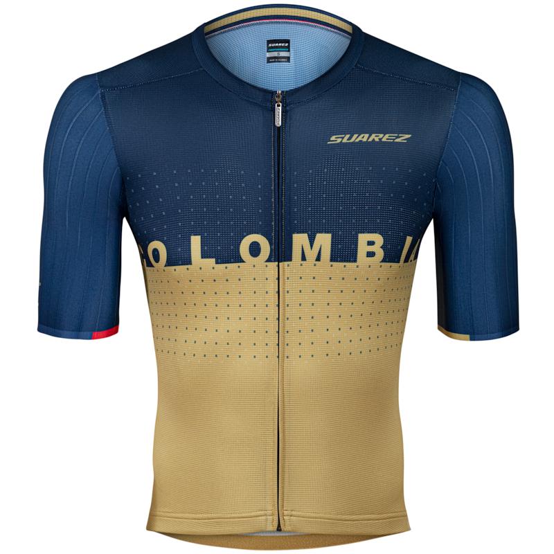 2021 Suarez Colombian Collection-Mens Short Sleeve Cycling Jersey Blue & Gold Medium